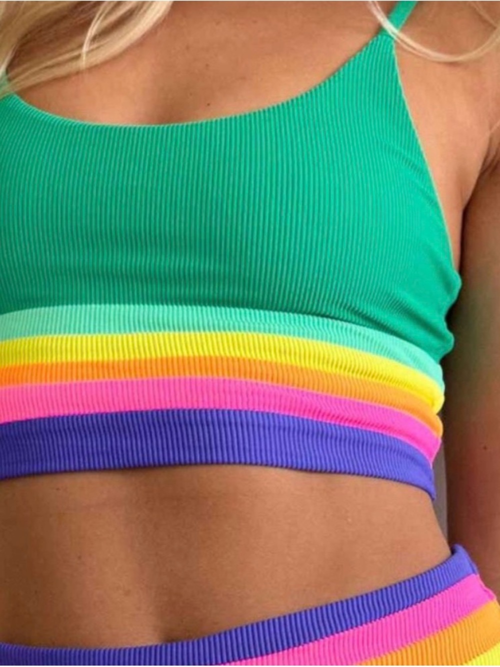 Beach Riot Green Ribbed Rainbow Trim Bikini Top Mae Colorblock